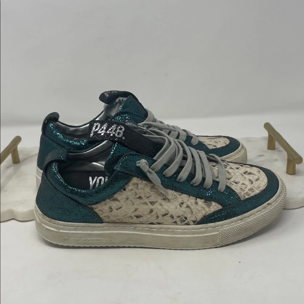 P448 Metallic Teal Snakeskin Accent Lace Sneakers Size 6